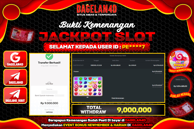 Bukti JP Sweet Bonanza 1000 DAGELAN4D 31 AGUSTUS 2025 Rp 9,000,000, – LUNAS
