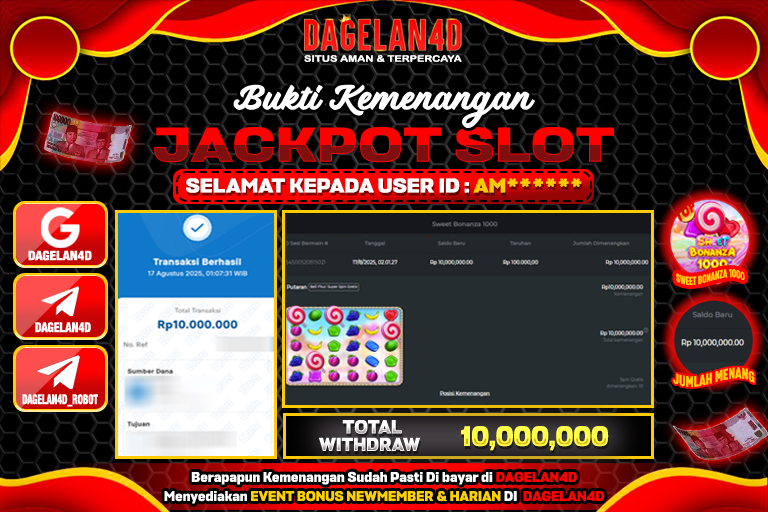 Bukti JP Slot Sweet Bonanza 1000 DAGELAN4D 17 AGUSTUS 2025 Rp 10.000.000, – LUNAS
