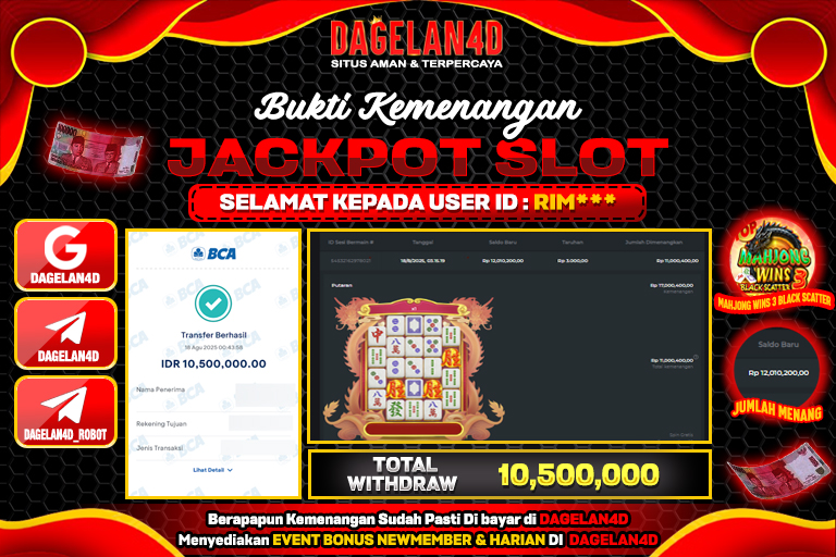 Bukti JP Slot Mahjong Wins 3 - Black Scatter DAGELAN4D 18 AGUSTUS 2025 Rp 10.500.000, – LUNAS