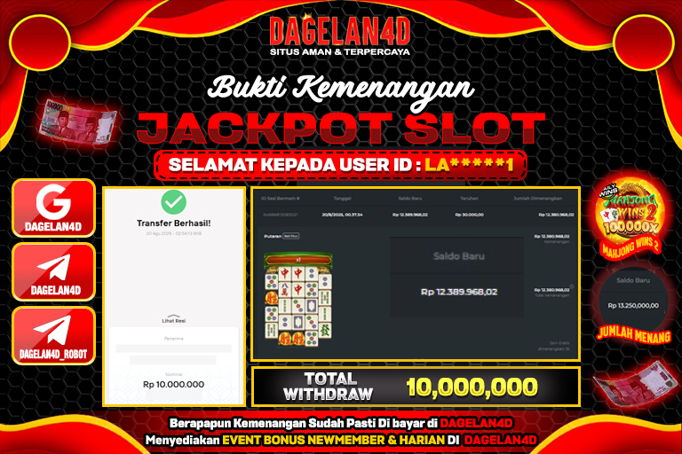 Bukti JP Slot Mahjong Wins 2 DAGELAN4D 20 AGUSTUS 2025 Rp 10,000,000, – LUNAS