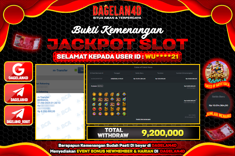 Bukti JP Gates of Gatot Kaca DAGELAN4D 21 AGUSTUS 2025 Rp 9.200.000, – LUNAS