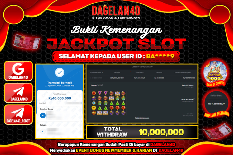 Bukti JP Slot Gates of Olympus 1000 DAGELAN4D 22 AGUSTUS 2025 Rp 10,000,000, – LUNAS