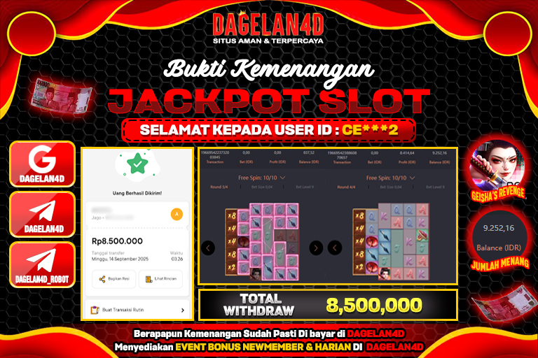 Bukti JP Slot Geisha's Revenge DAGELAN4D 14 SEPTEMBER 2025 Rp 8,500,000, – LUNAS