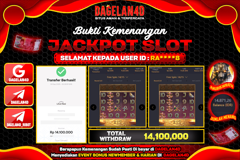 Bukti JP Slot Anubis Wrath DAGELAN4D 04 SEPTEMBER 2025 Rp 14,100,000, – LUNAS