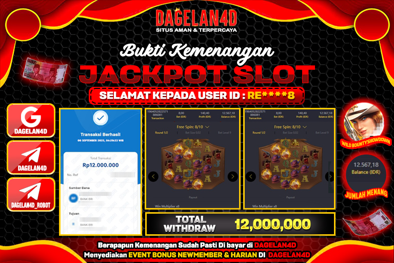 Bukti JP Slot Wild Bounty Showdown DAGELAN4D 6 SEPTEMBER 2025 Rp 12,000,000, – LUNAS