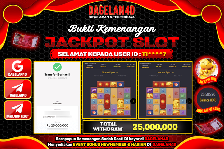 Bukti JP Slot Lucky Neko DAGELAN4D 7 SEPTEMBER 2025 Rp 25,000,000, – LUNAS