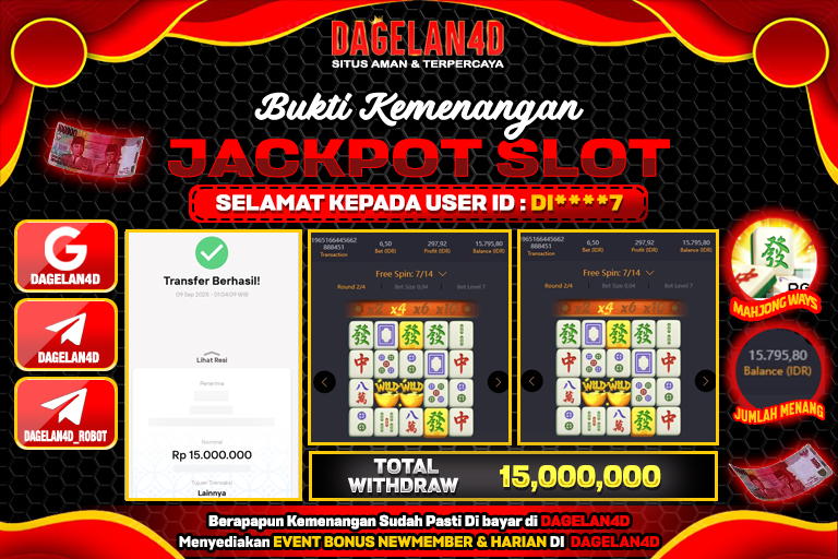 Bukti JP Slot Mahjong Ways DAGELAN4D 9 SEPTEMBER 2025 Rp 15,000,000, – LUNAS