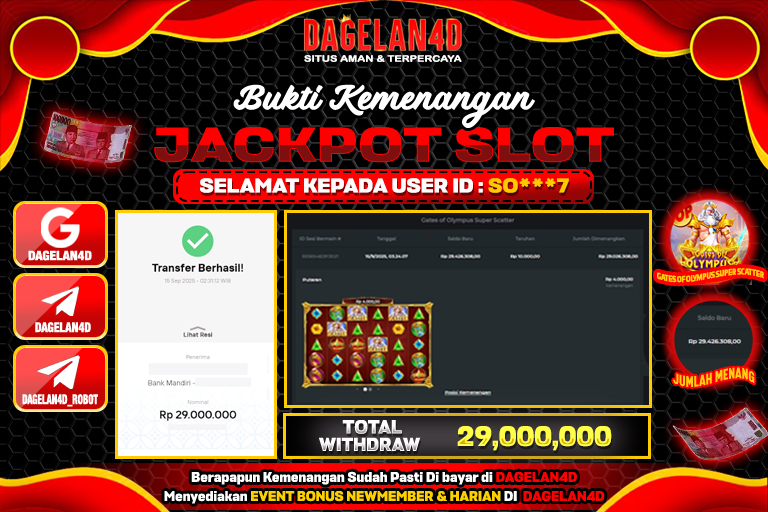 Bukti JP SlotGates of Olympus Super Scatter DAGELAN4D 15 SEPTEMBER 2025 Rp 29,000,000, – LUNAS