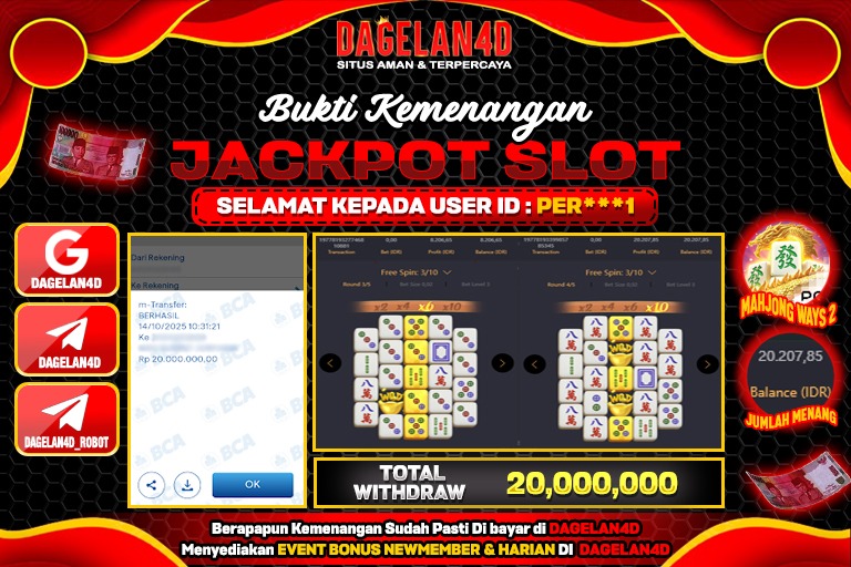 Bukti JP Slot Mahjong Ways 2 DAGELAN4D 14 OKTOBER 2025 Rp 20.000.000, – LUNAS