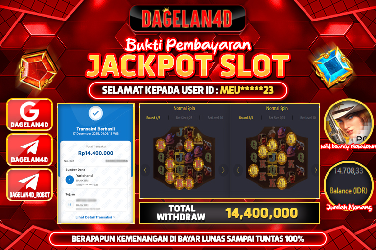 Bukti JP Slot wild bounty showdown DAGELAN4D 17 DESEMBER 2025 Rp 14,400,000, – LUNAS