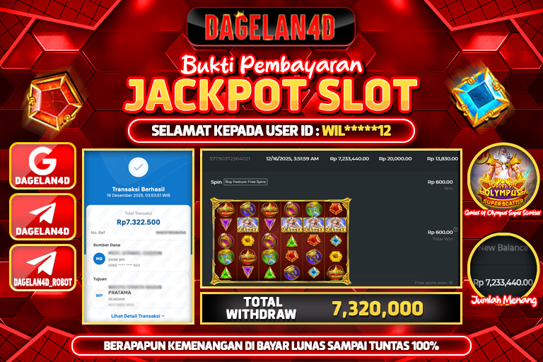 Bukti JP Slot Gates of Olympus Super Scatter DAGELAN4D 16 DESEMBER 2025 Rp 7,320,000, – LUNAS